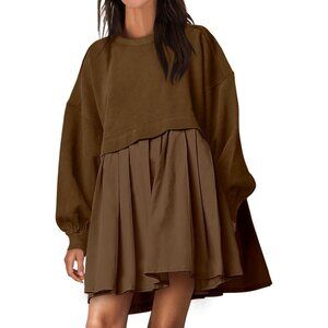 Women Oversized Sweatshirt Dress Long Sleeve Patchwork Coffee Pleated Mini